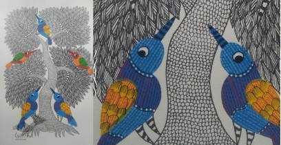 Nandan . नंदन ~ Hand Painted Gond Art ~ Painting ( 11" x 15" ) - birds