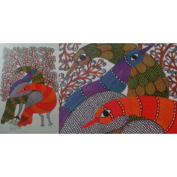 Nandan . नंदन ~ Hand Painted Gond Art ~ Painting ( 11" x 15" ) - peahens