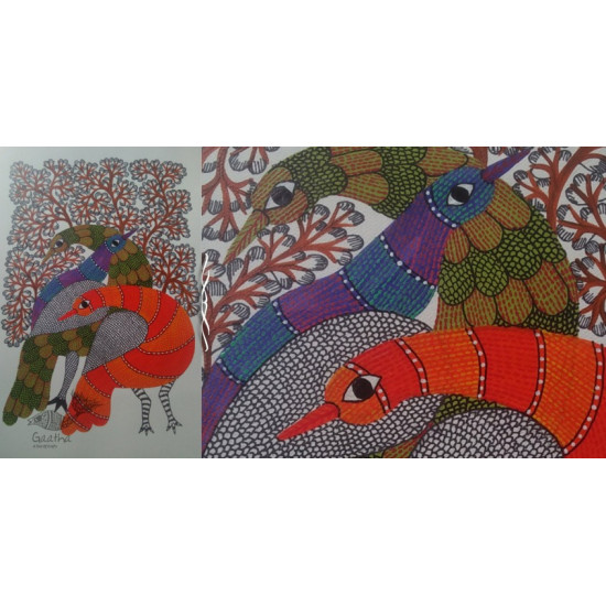 Hand Painted Gond Art ~ Painting ( 11" x 15" )  peahens