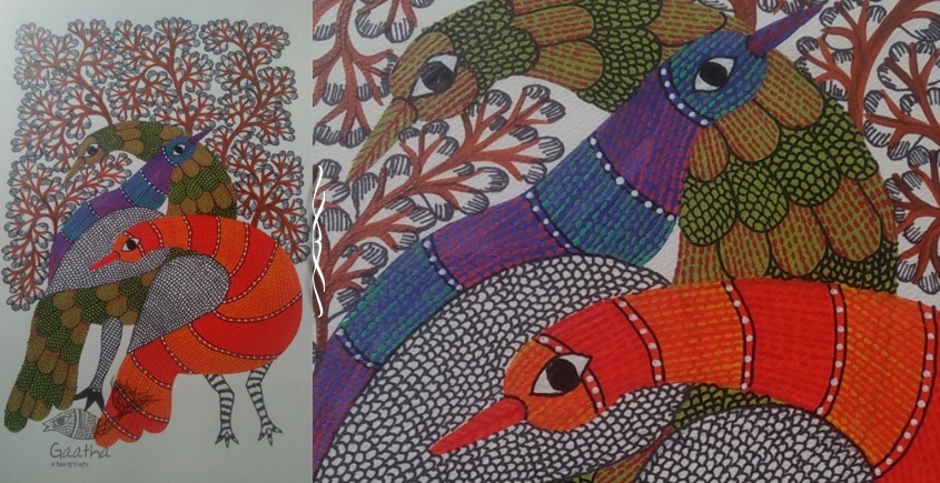 Hand Painted Gond Art ~ Painting ( 11" x 15" )  peahens