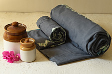 Tanka . टांका - Applique & Embroidered Cotton Double Bedcover - Grey
