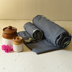 Tanka . टांका - Applique & Embroidered Cotton Double Bedcover - Grey