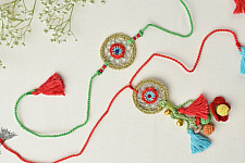 Crochet Rakhi -⚬- Handmade Recyclable Crochet Rakhi & Lumba Set Gold Dreamcatcher (Set of 2) 