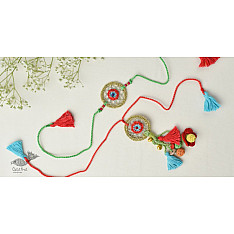 Crochet Rakhi -⚬- Handmade Recyclable Crochet Rakhi & Lumba Set Gold Dreamcatcher (Set of 2) 