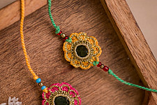 Crochet Rakhi | Green & Red Kundan Rakhi (Set of 2)