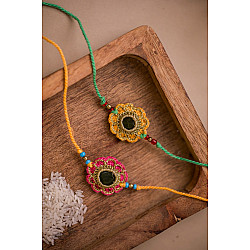 Crochet Rakhi | Green & Red Kundan Rakhi (Set of 2)