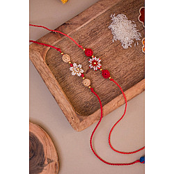 Crochet Rakhi | Red & White Beads Flower Rakhi (Set of 2)