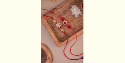Crochet Rakhi | Red & White Beads Flower Rakhi (Set of 2)