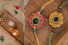 Crochet Rakhi | Green & Red Kundan Rakhi (Set of 2)