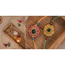 Crochet Rakhi | Green & Red Kundan Rakhi (Set of 2)