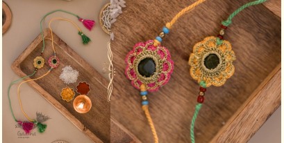 Crochet Rakhi | Green & Red Kundan Rakhi (Set of 2)