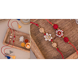 Crochet Rakhi | Red & White Beads Flower Rakhi (Set of 2)
