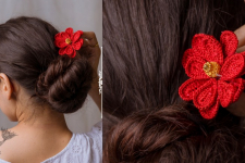 Crochet ✩  Hair Stick - Dark Red Camellia 