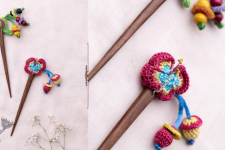 Crochet ✩ Multi coloured Bird Butterfly Hair Stick (Pair) ~ Green