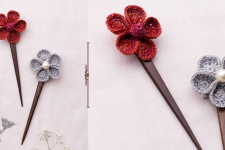 Crochet ✩ Multi coloured Five Petal Flowers Hair Stick (Pair) ~ Red