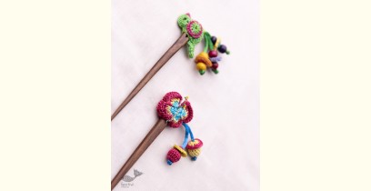 Crochet ✩ Multi coloured Bird Butterfly Hair Stick (Pair) ~ Green
