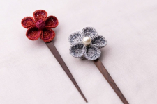 Crochet ✩ Multi coloured Five Petal Flowers Hair Stick (Pair) ~ Red