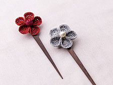 Crochet ✩ Multi coloured Five Petal Flowers Hair Stick (Pair) ~ Red