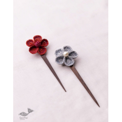 Crochet ✩ Multi coloured Five Petal Flowers Hair Stick (Pair) ~ Red