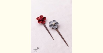 Crochet ✩ Multi coloured Five Petal Flowers Hair Stick (Pair) ~ Red