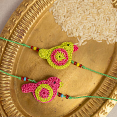 Crochet Rakhi -⚬- Handmade Recyclable Crochet Rakhi Chidiya Multicolour Birds (Set of 2)