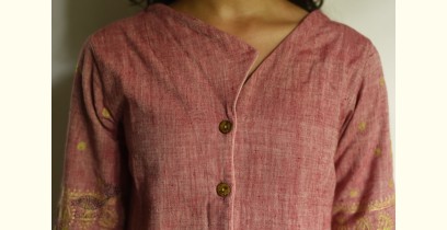 Tahzeeb . तहज़ीब | Handloom Cotton - Hibiscus red colour Hand Embroidered Tunic