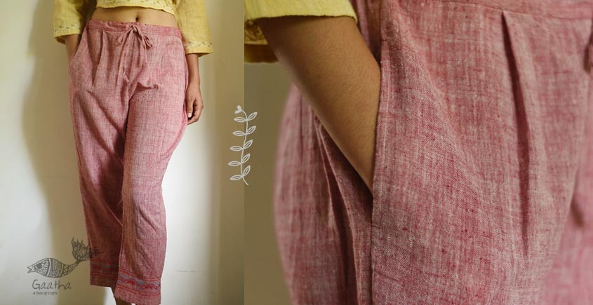 online handloom Cotton Embroidered Ankle length pants in Red Color