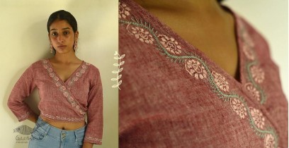 Tahzeeb . तहज़ीब | Handloom Cotton - Hand Embroidered  3/4 Sleeve Crop Top - Hibiscus Red Color