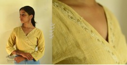 Tahzeeb . तहज़ीब | Handloom Cotton - Hand Embroidered  3/4 Sleeve Crop Top - Light Yellow Color