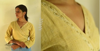 Tahzeeb . तहज़ीब | Handloom Cotton - Hand Embroidered  3/4 Sleeve Crop Top - Light Yellow Color