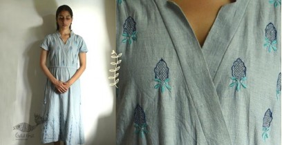 Tahzeeb . तहज़ीब | Handloom Cotton - Hand Embroidered Short Sleeve Dress in Iceberg Blue colour