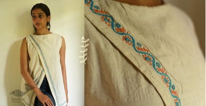 Tahzeeb . तहज़ीब | Handloom Cotton - Hand Embroidered Sleeveless Top in Off White Color