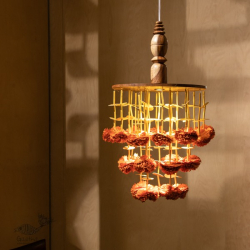 Senses Play ▣ Handmade Banana Fiber Paper ▣ Genda Phool Wood Pendant Lamp - Tangerine ▣ 33