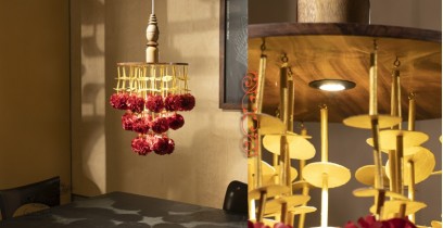 Senses Play ▣ Handmade Banana Fiber Paper ▣ Gulab Phool Wood Pendant Lamp - Red ▣ 40