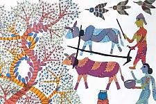 Gond Tribal Canvas Painting - Village (3' x 3') 