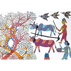 Gond Tribal Canvas Painting - Village (3' x 3') 