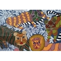 Gond Tribal Canvas Painting - Lion (3' x 3') 