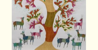 Gond Tribal Canvas Painting - Tree & Deers (3' x 4')