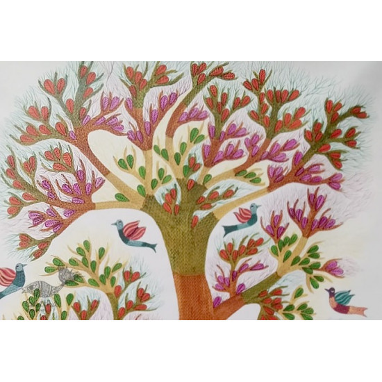 tribal gond painting of tree and deers