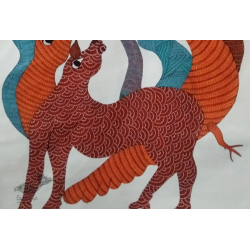 Gond Tribal Canvas Painting - Peahen (3' x 4')