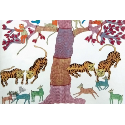 Gond Tribal Canvas Painting - Tigers (2.5' x 3') 