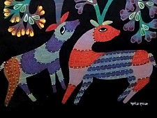 Gond Tribal Canvas Painting - Hiran in Black Background (2' x 3')