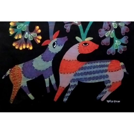 tribal gond painting -  Hiran in Black Background