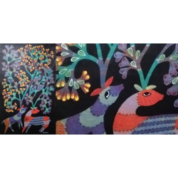 Gond Tribal Canvas Painting - Hiran in Black Background (2' x 3')