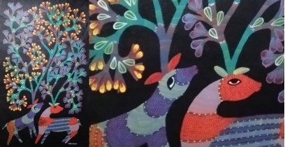 Gond Tribal Canvas Painting - Hiran in Black Background (2' x 3')