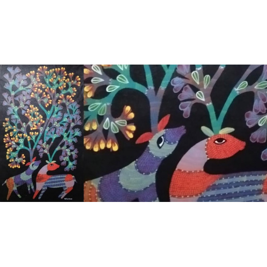 tribal gond painting -  Hiran in Black Background