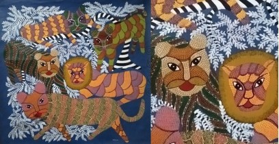 Gond Tribal Canvas Painting - Lion (3' x 3') 