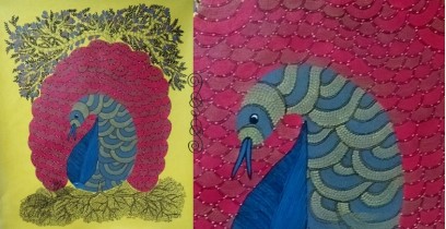 Gond Tribal Canvas Painting - Peacock (3' x 3') 