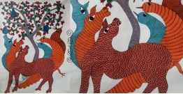 Gond Tribal Canvas Painting - Peahen (3' x 4')