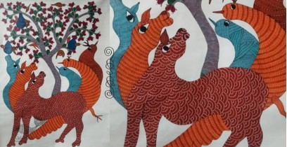 Gond Tribal Canvas Painting - Peahen (3' x 4')